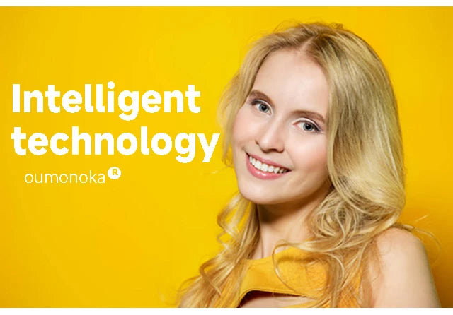 depilador a laser ipl permanente OUMONOKA com modelo loira sorrindo sobre fundo amarelo mostrando tecnologia inteligente