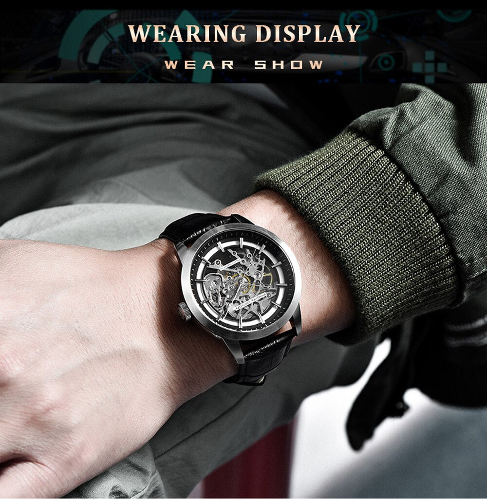 Relógio de couro luxo masculino PAGANI em exibição no pulso, com design sofisticado e movimento visível