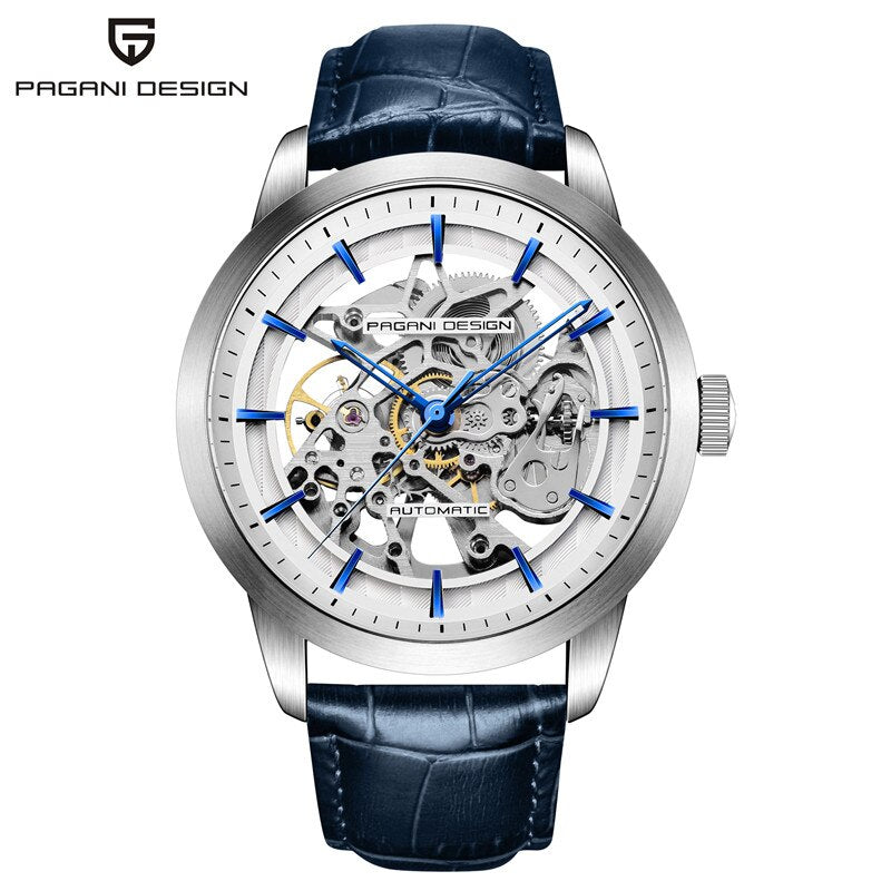 Relógio de couro luxo masculino PAGANI com mostrador automático e detalhes em azul