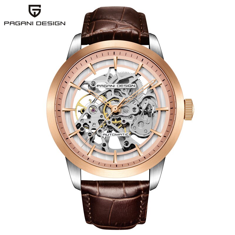 Relógio de couro luxo masculino PAGANI com mostrador automático e design elegante em tom rose gold