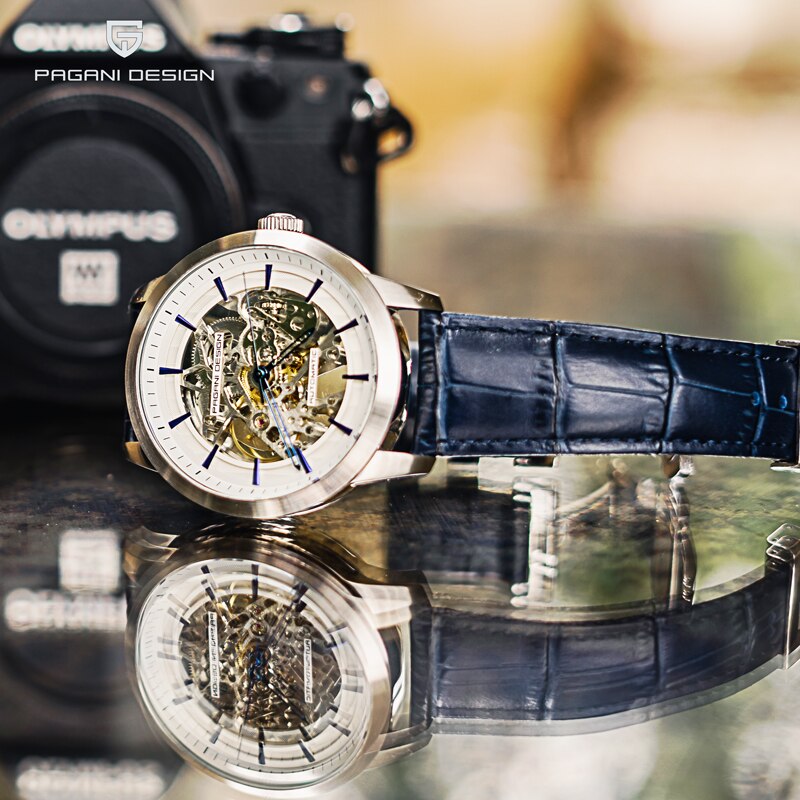 Relógio de couro luxo masculino PAGANI com mostrador transparente e pulseira azul, ideal para ocasiões elegantes