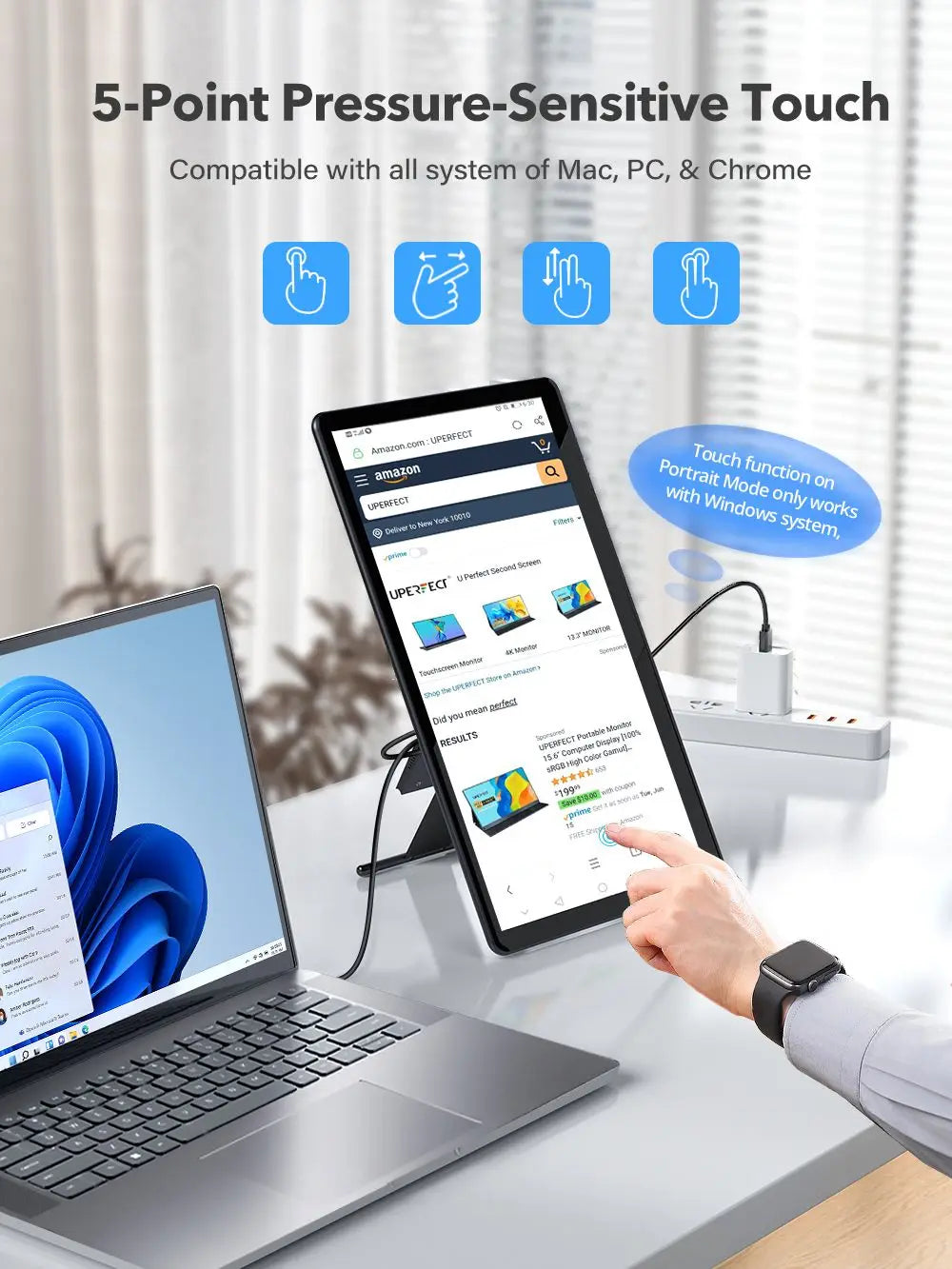 Monitor portátil UPERFECT com painel LCD IPS 15,6 polegadas e toque sensível à pressão de 5 pontos