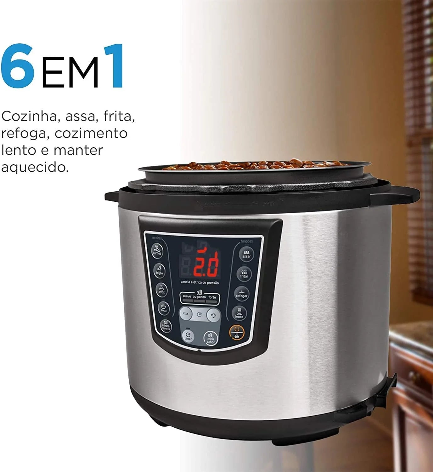 Panela elétrica para cozinha rápida 6 em 1 que cozinha, assa, frita e refoga com painel digital