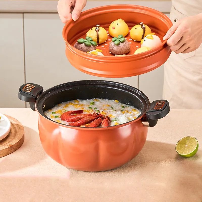 Panela de ferro multifuncional GIANXI com tampa e pratos em destaque, ideal para cozinhar e assar, panela multifuncional antiaderente