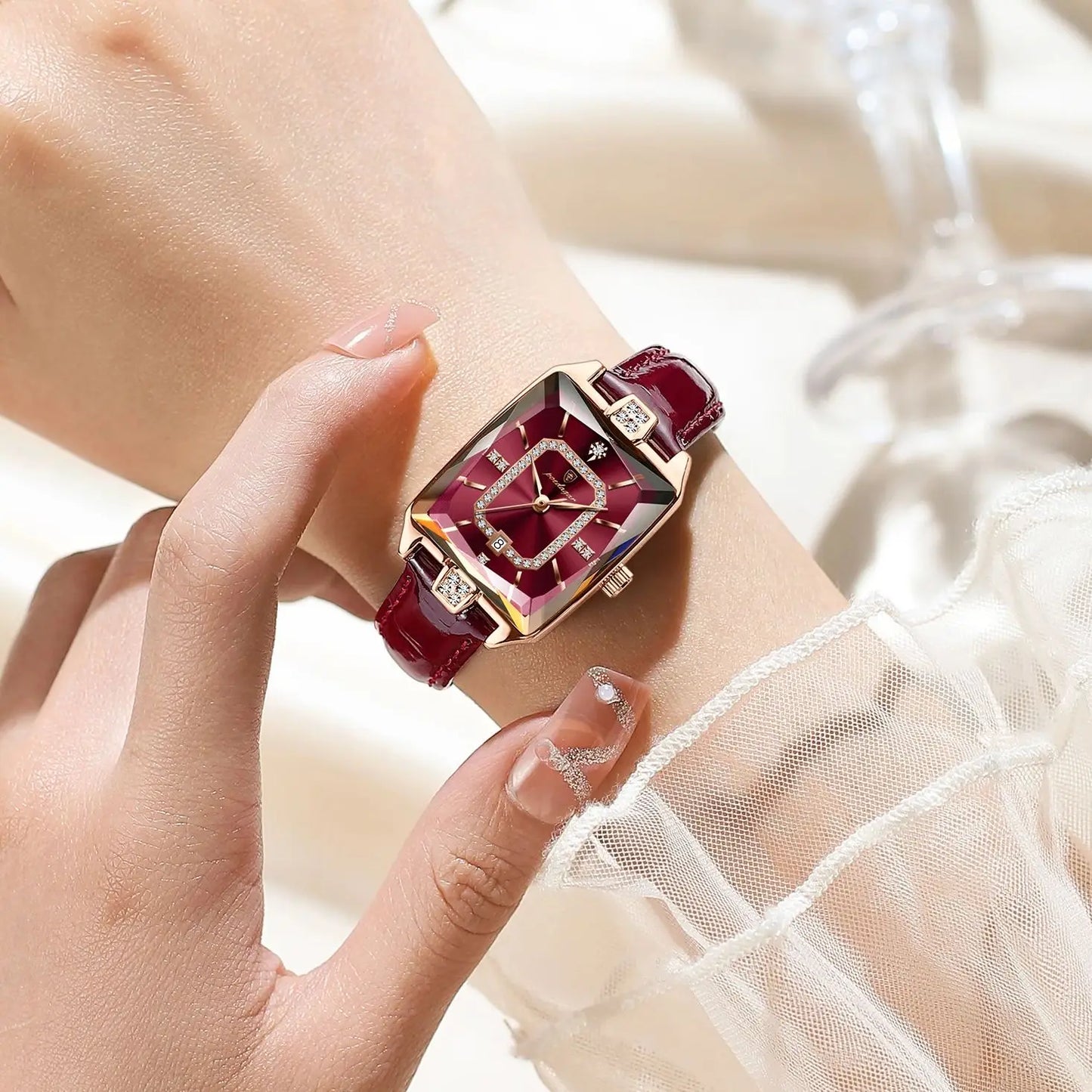 Relógio feminino de luxo à prova d’água da POEDAGAR com detalhe em esmalte vermelho e design elegante
