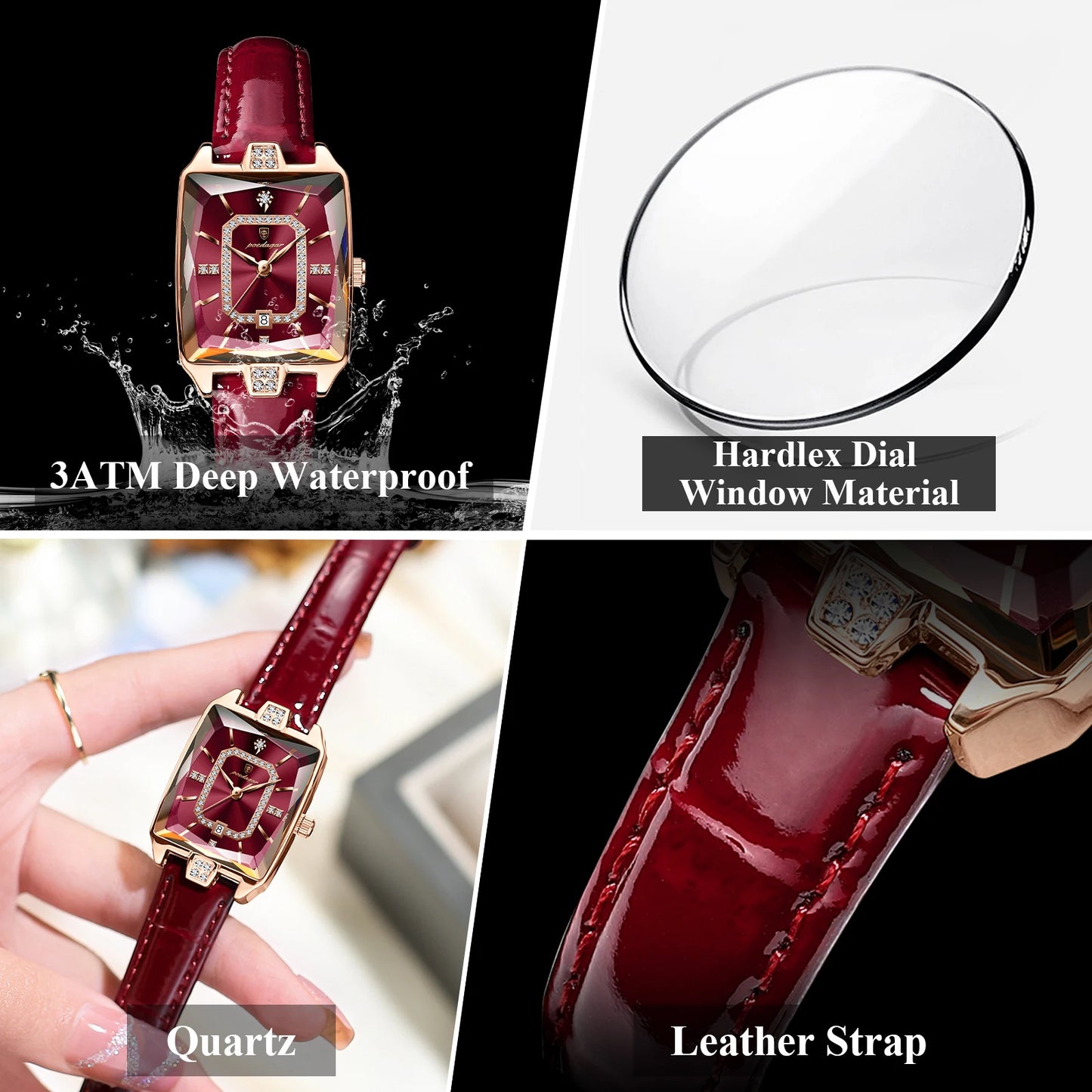 Relógio feminino de luxo à prova d’água com mostrador quadrado e pulseira de couro vermelho