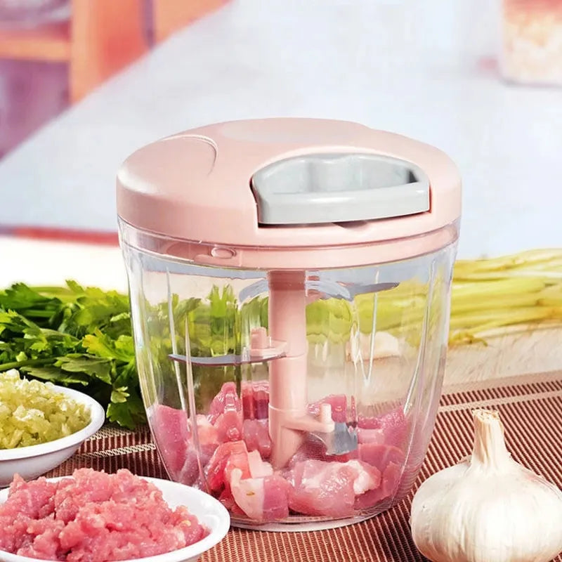 Picador de vegetais manual KAURIJIA em rosa com lâminas para picar carne e vegetais rapidamente
