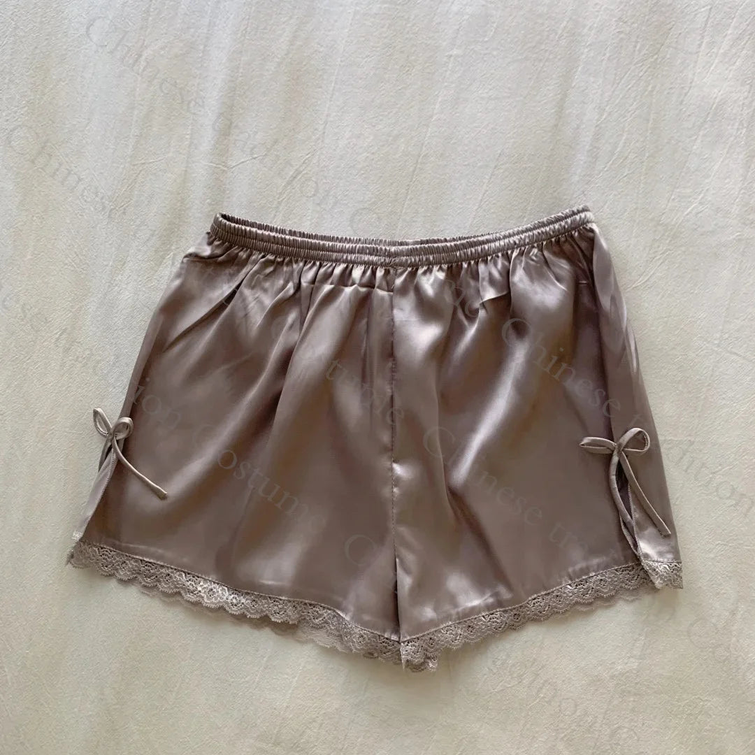 Shorts de pijama feminino cetim com laços e detalhes em renda para conforto e estilo