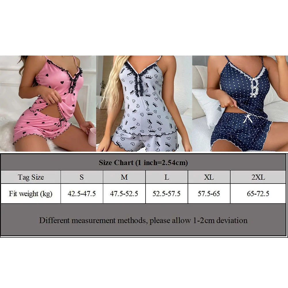 Pijama feminino sem mangas em três cores com detalhes delicados e tabelas de medidas para melhor ajuste
