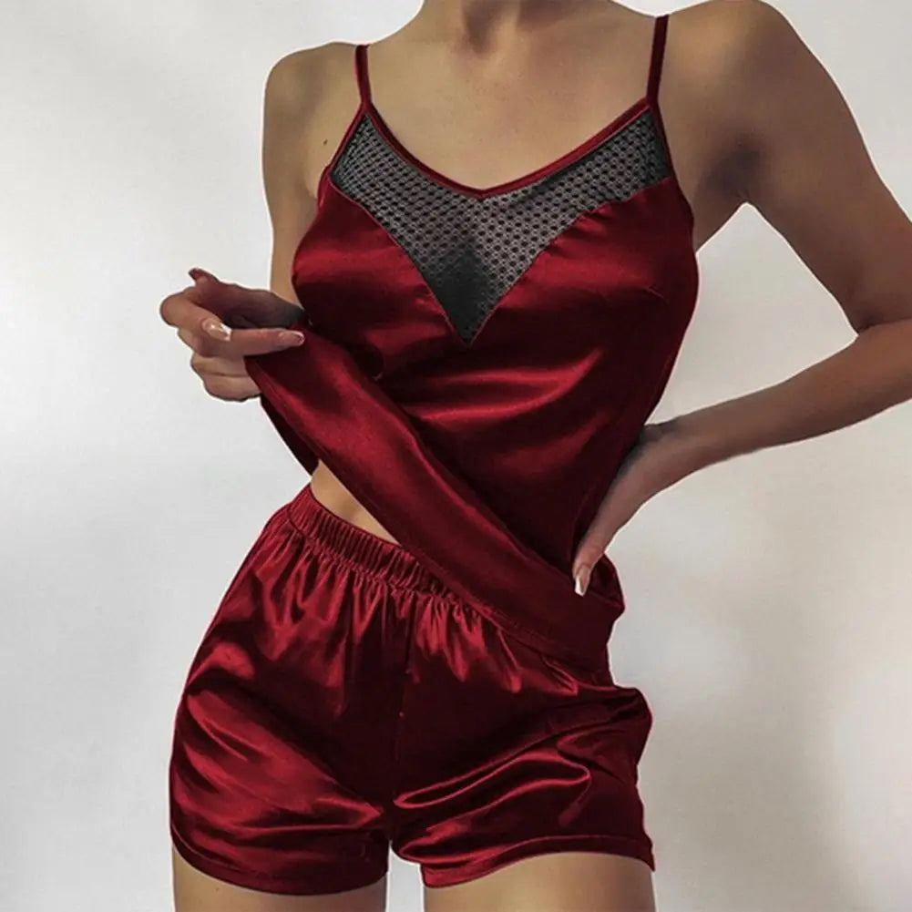 Conjunto de pijama sem mangas feminino em seda vermelha com detalhe em malha na parte superior