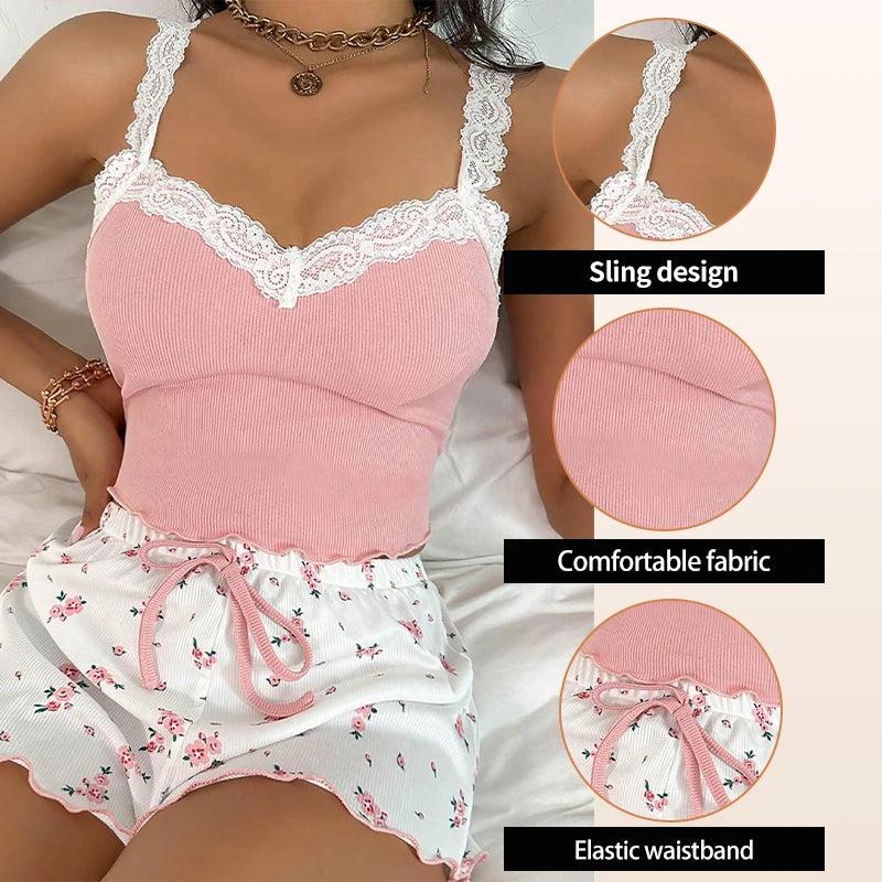 Pijama feminino nervuras em rosa com detalhes em renda e shorts florais confortáveis