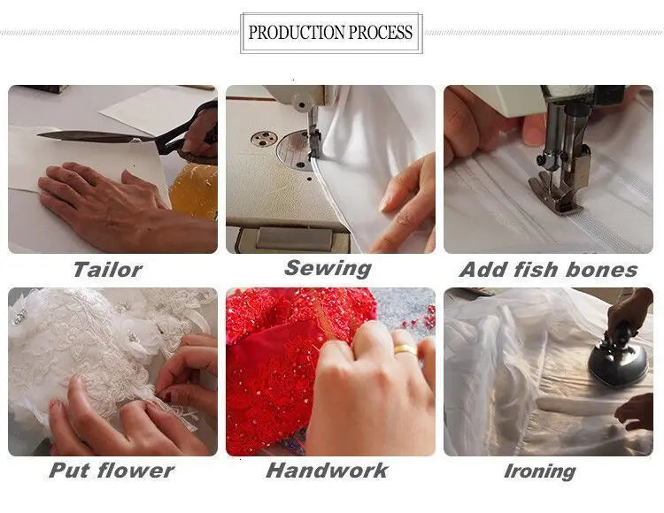 Processo de produção do vestido azul royal elegante com costura, aplicação de flores e acabamento final