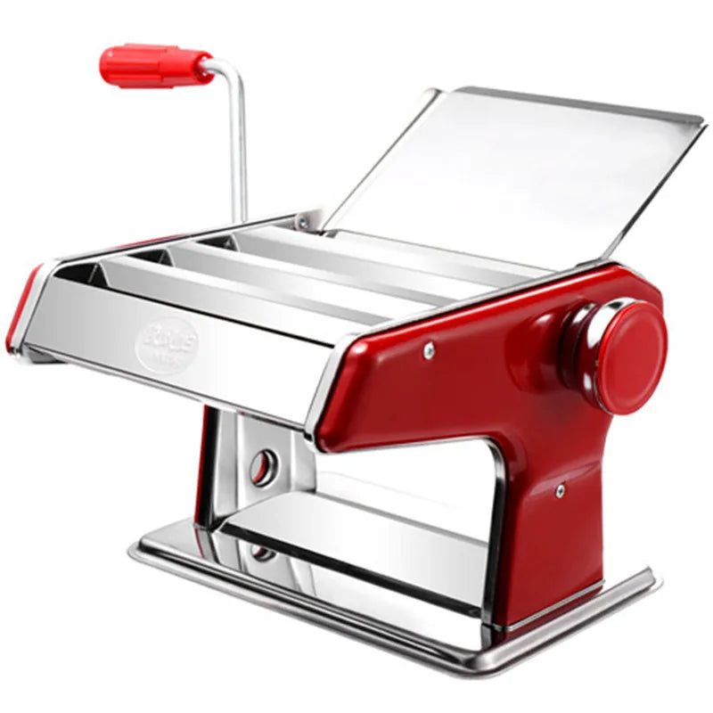 Máquina manual de fazer macarrão NOENNAME_NULL em metal prateado e vermelho, ideal para preparar massas frescas, processador de alimentos manual.