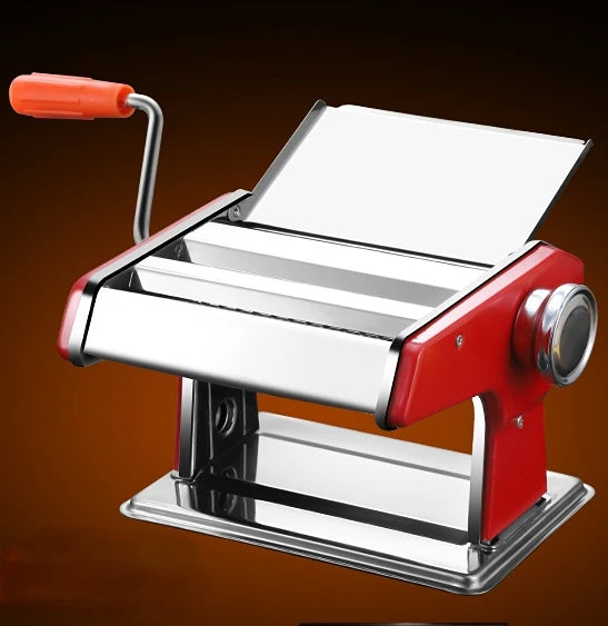 Máquina manual de fazer macarrão em metal com design vermelho, ideal como processador de alimentos manual