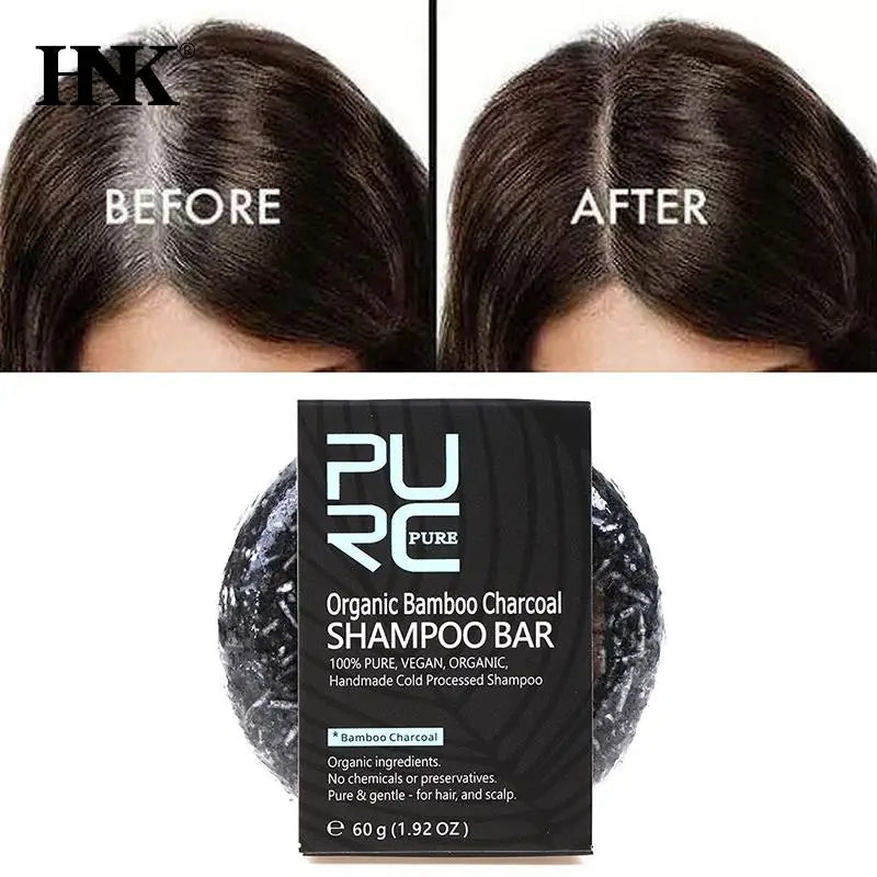 Antes e depois do uso de shampoo em barra natural na limpeza de cabelos com caixa do produto HNKMP