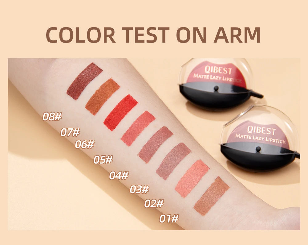 Teste de cores do batom nude fosco QIBEST em braços com 8 tonalidades diferentes