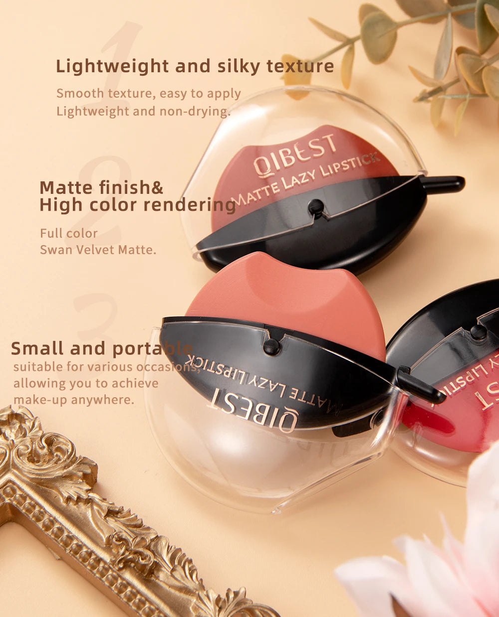 Batom Sólido QIBEST com textura leve e acabamento matte, ideal para uso prático e inovador