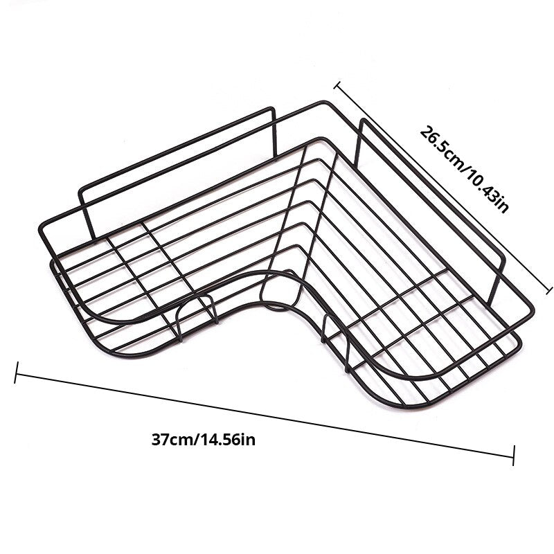 Rack multiuso para banheiro em metal, com design de canto e medidas de 37cm x 26,5cm