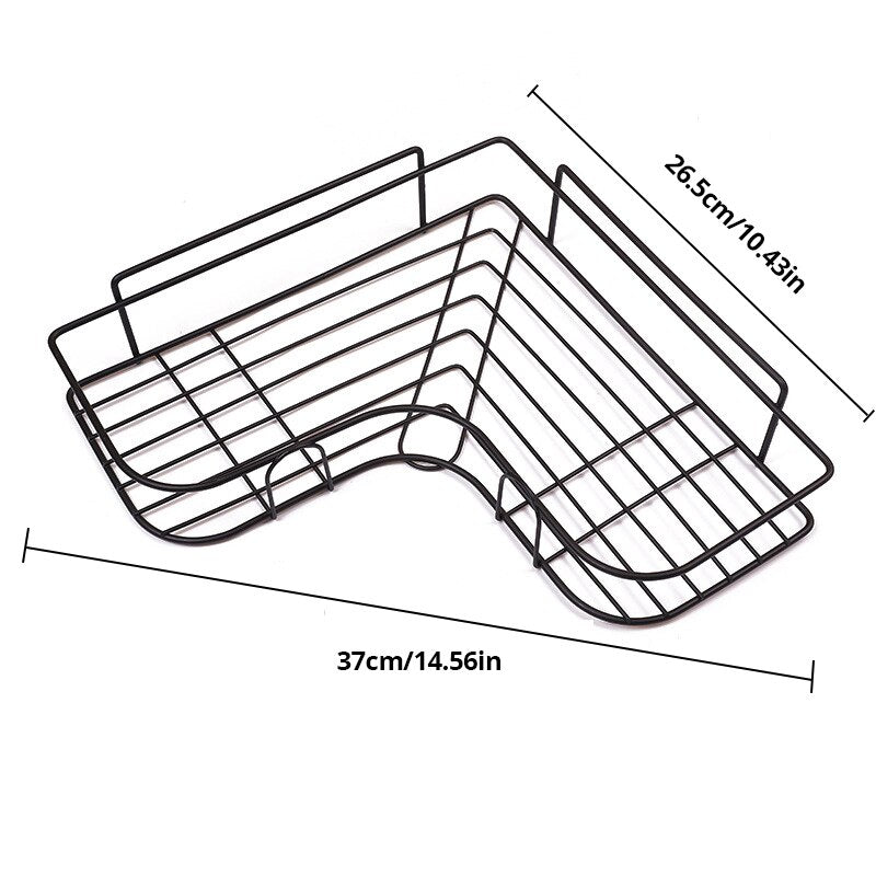 Rack multiuso para banheiro em metal com design em canto, ideal para organização eficiente