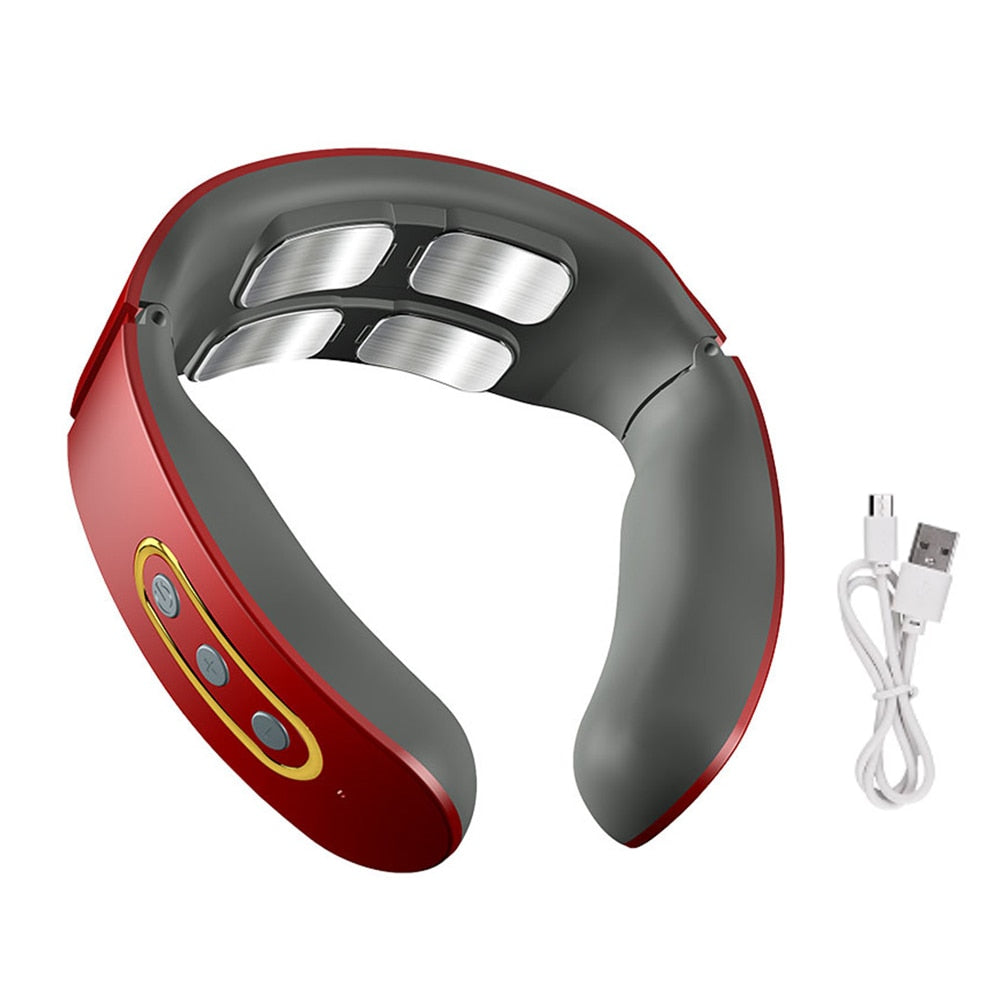 Massageador cervical portátil CAMMUO em vermelho, ideal para relaxamento vértebra cervical, acompanha cabo USB