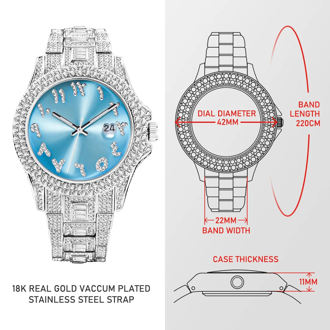 Relógio de pulso unisex com diamantes, mostrador azul e bracelete de aço inoxidável dourado