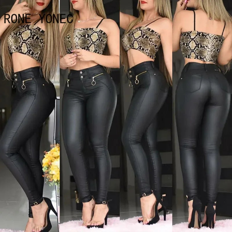 Calças lápis couro PU da RFORX PANS com design justo e detalhes em zíper, perfeitas para looks modernos