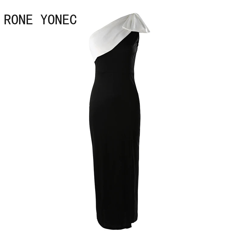 Vestido formal feminino preto com detalhe branco na alça para ocasiões especiais
