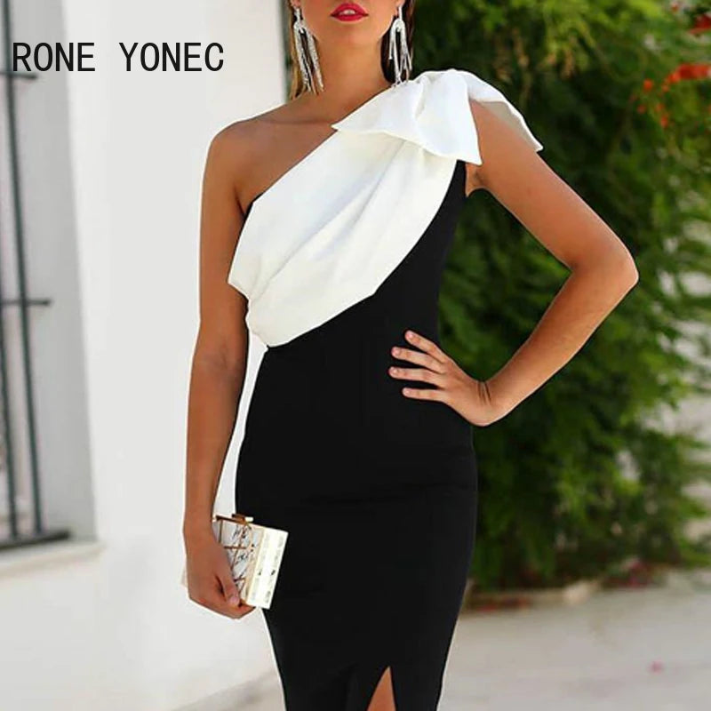Vestido formal feminino da SDXINZHRUN em preto e branco com um ombro, ideal para eventos elegantes