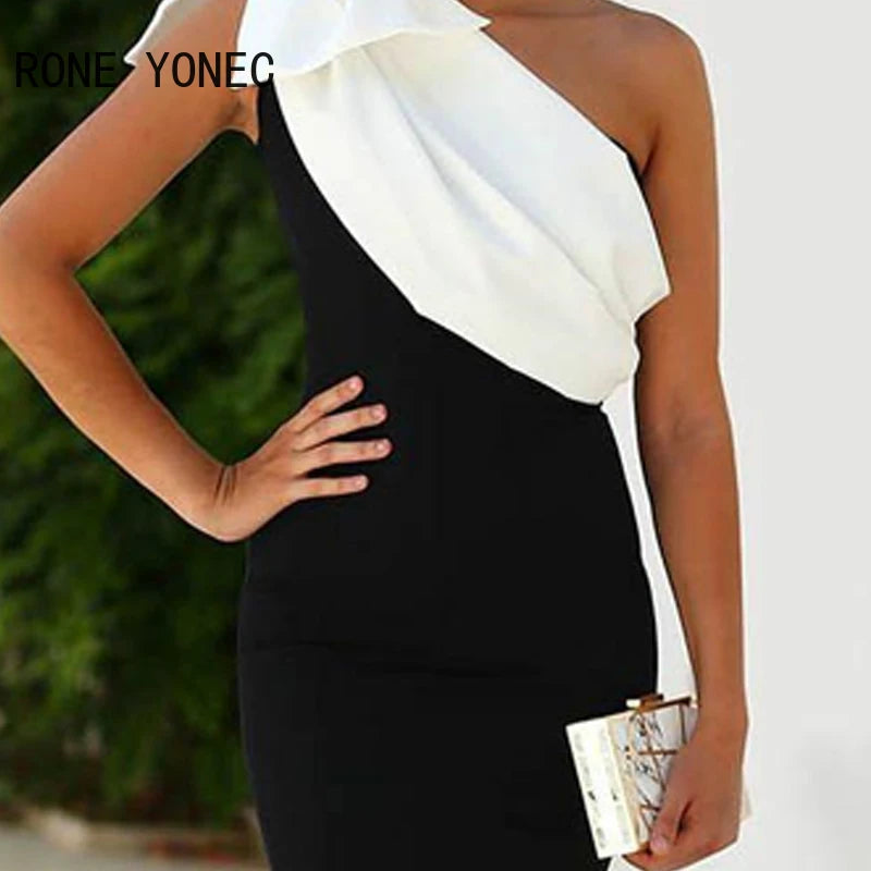 Vestido formal feminino preto com detalhe branco assimétrico, ideal para ocasiões elegantes