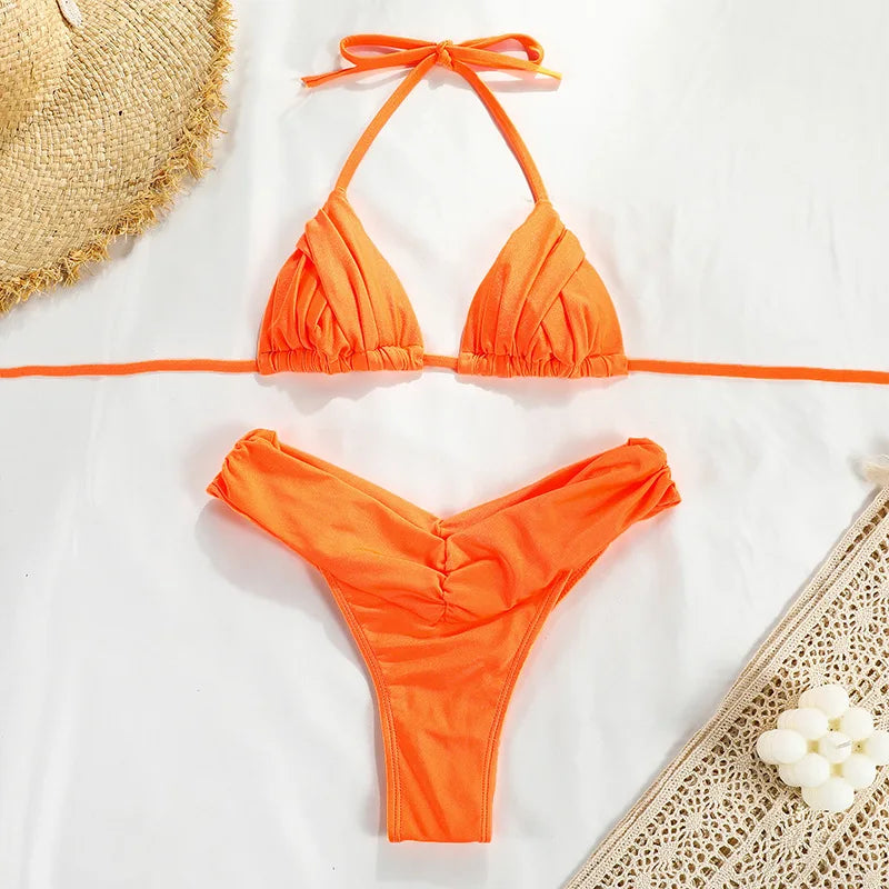 Biquíni feminino MERLOLY laranja com detalhe franzido, ideal para praia e piscina, roupa de banho feminina