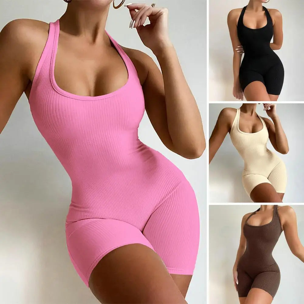 Macacão feminino de ioga bodycon nas cores rosa, preto, creme e marrom, ideal para atividades físicas