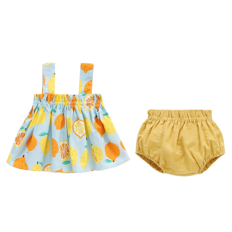 Conjunto de roupas infantis estampadas com vestido de limões e calcinha amarela para bebês recém-nascidos