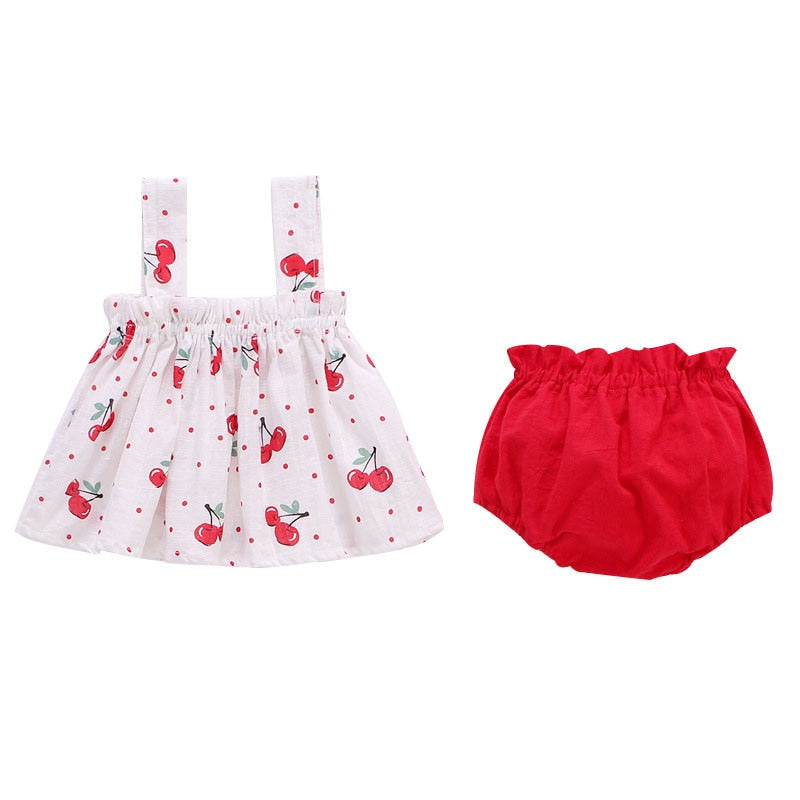 Conjunto de roupas infantis estampadas com blusa branca de cerejas e calcinha vermelha para bebês recém-nascidos