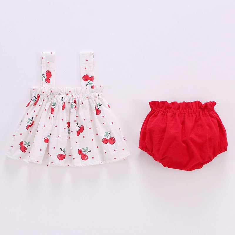 Conjunto de roupas infantis estampadas com blusa branca de cerejas e short Vermelho para bebês recém-nascidos