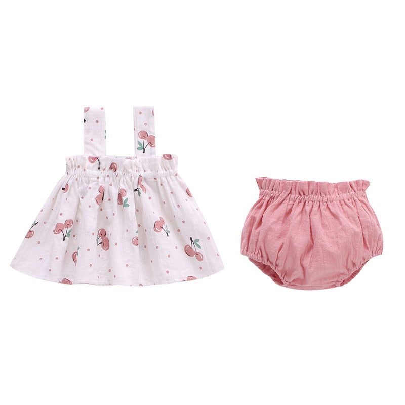 Conjunto de roupas infantis estampadas para recém-nascidos com vestido de cerejas e short rosa
