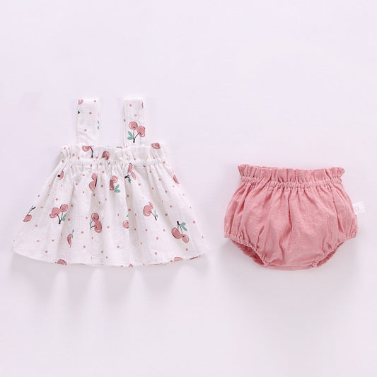 Conjunto de roupas infantis estampadas com vestido branco de frutas e short rosa para bebês recém-nascidos