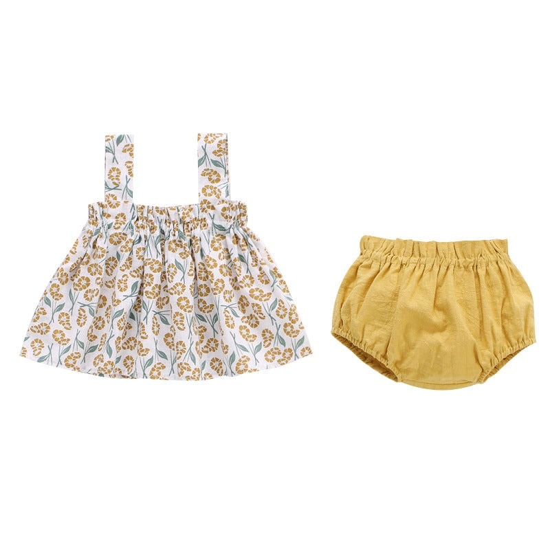 Conjunto de roupas infantis estampadas da LAWADKA com saia floral e short amarelo para bebês recém-nascidos
