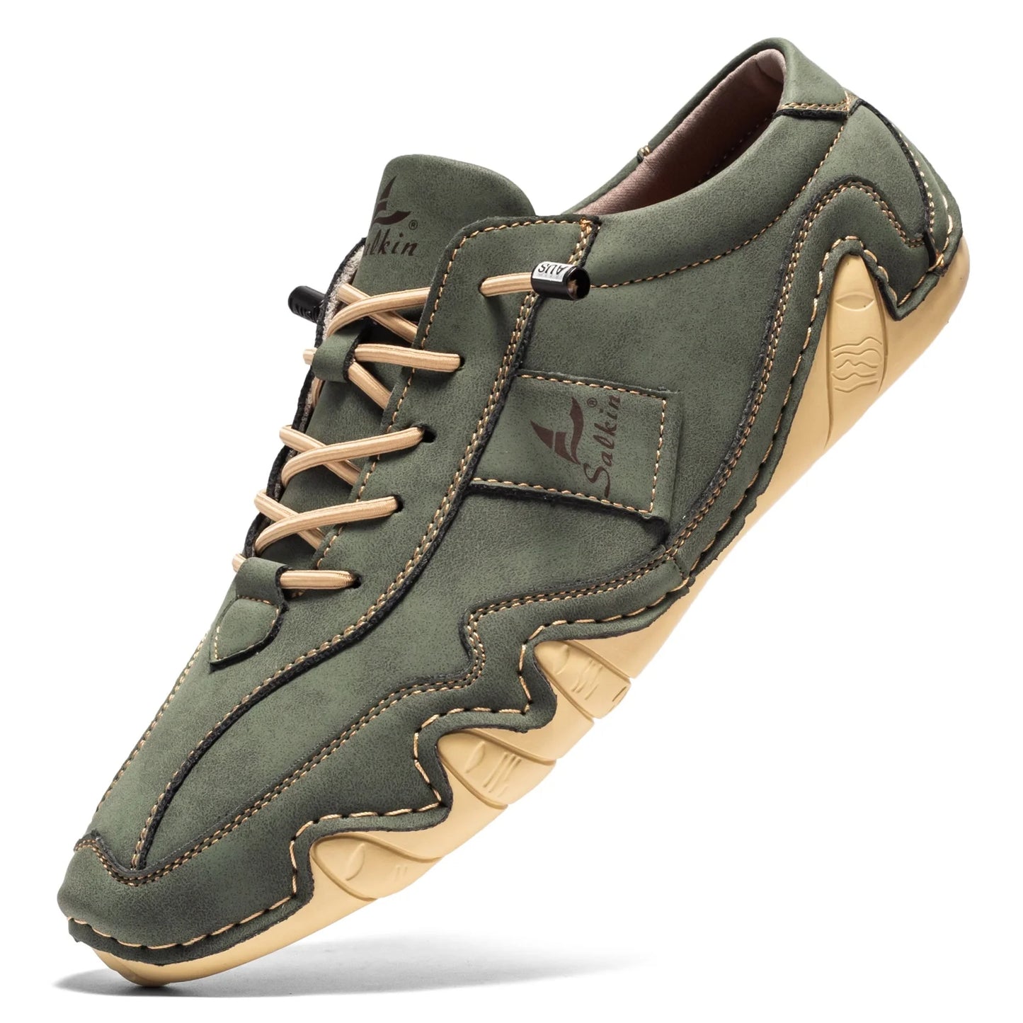 Sapatos masculinos plus size SISUOCO em couro verde com detalhes em costura contrastante