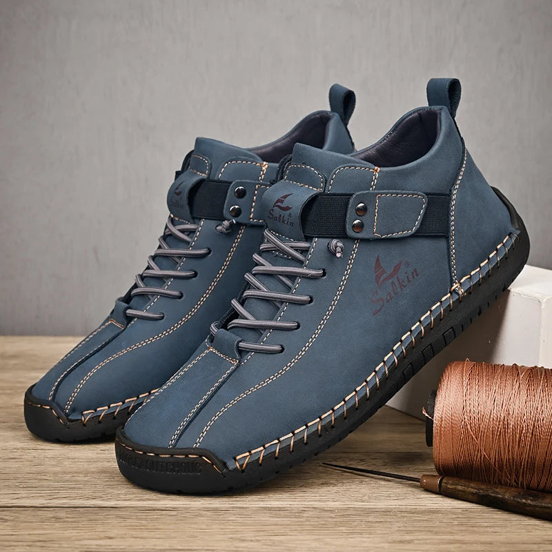 Sapatos masculinos de couro GENGXI em azul com design moderno e confortável para uso diário