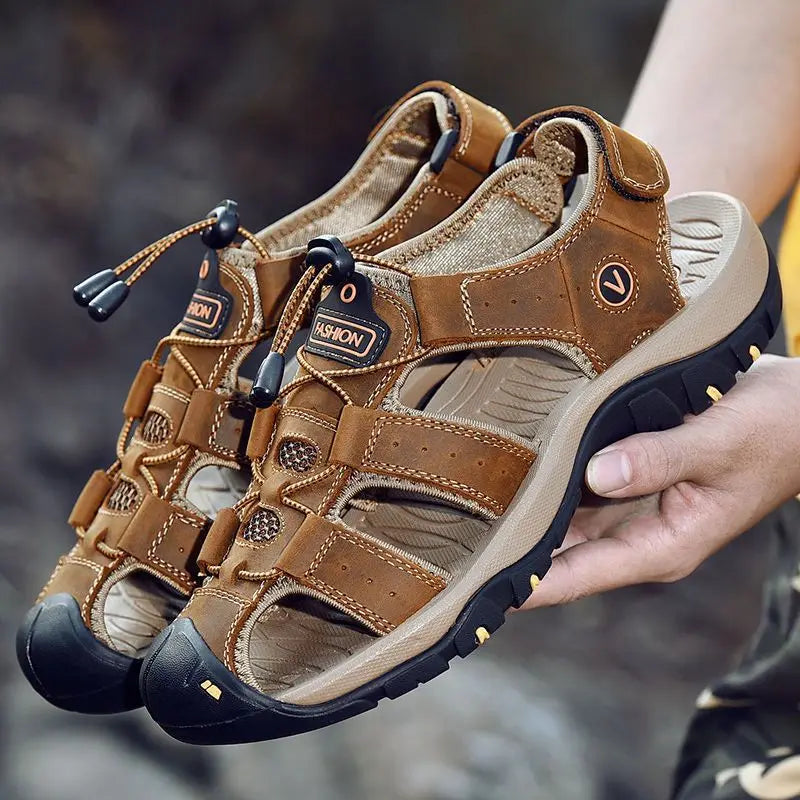 Sandálias masculinas de couro SEVENMADNESS com design confortável e sola antiderrapante