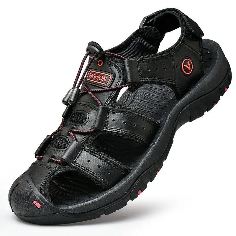 Sandálias masculinas de couro SEVENMADNESS pretas com design confortável e fechos ajustáveis