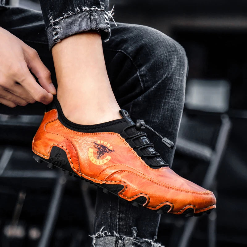 Sapatos casuais masculinos couro MIXDELAI em tom laranja com design moderno e solado antiderrapante