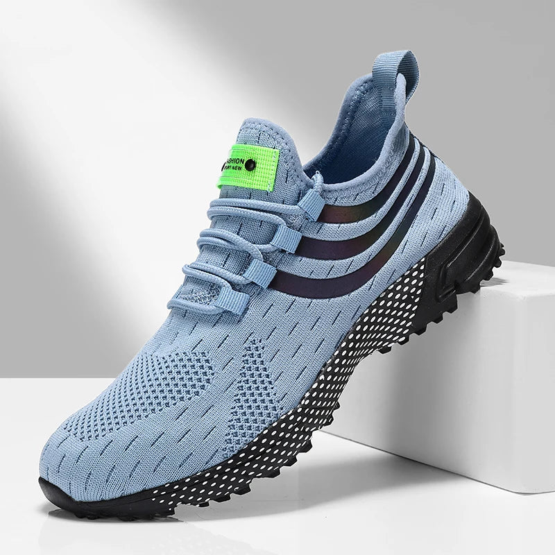 Sapatos de malha antiderrapante para homem em azul com design moderno e solado texturizado