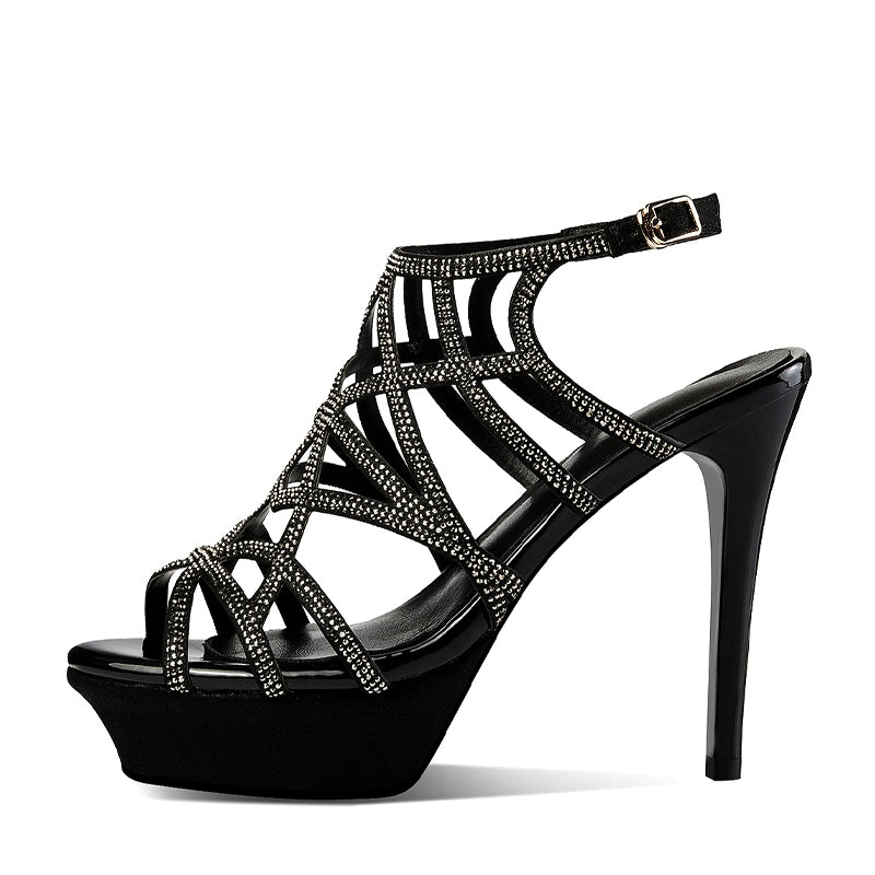 Sapatos femininos com fivela em preto com detalhes de strass e salto alto elegante