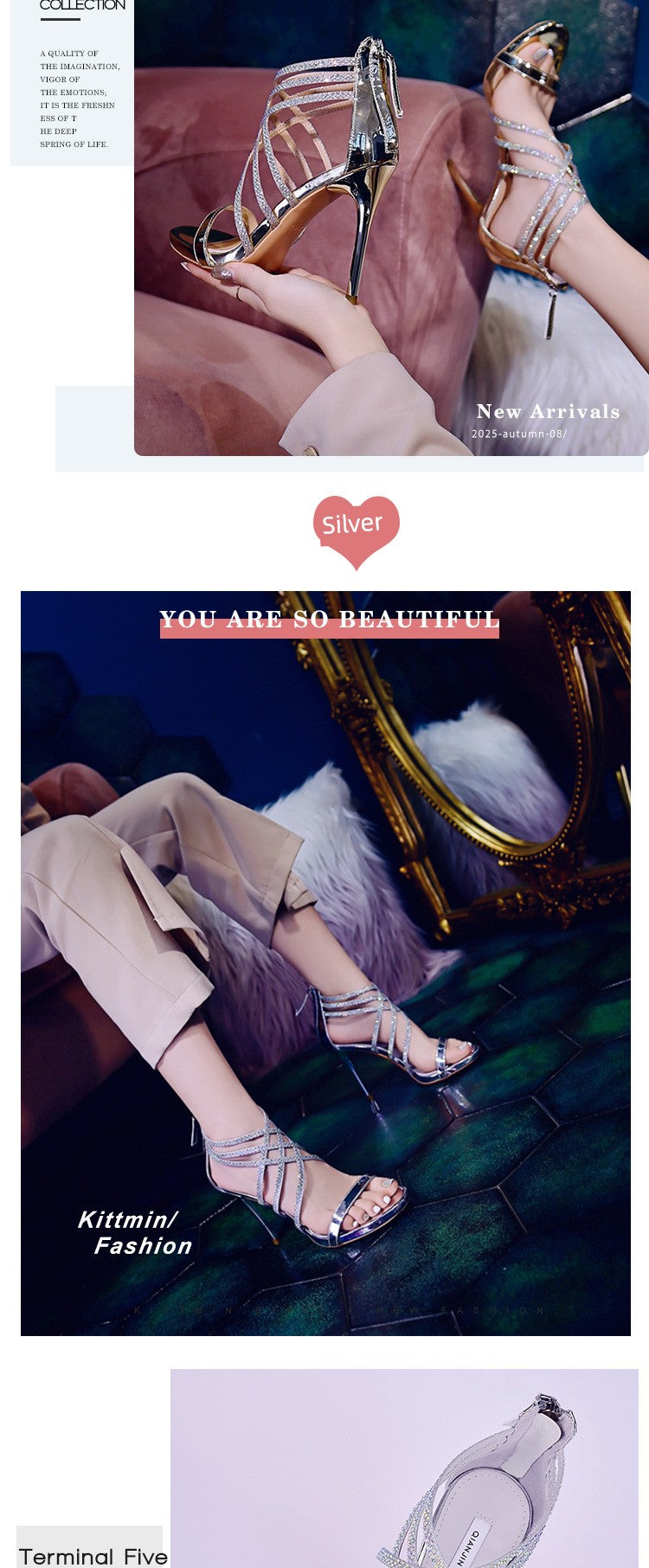 Sandálias femininas KITTMIN em prata com tiras elegantes, perfeitas para compras de sapatos femininos elegantes online