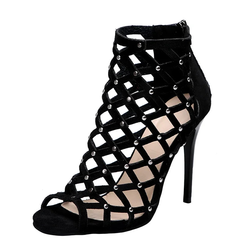 Sandálias feminina XYJX em preto com design em rede para eventos, ideal como sapatos festa feminino.