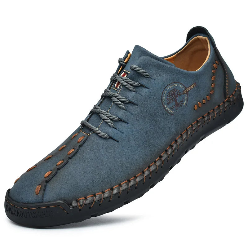 Sapatos masculinos de couro KJEDGB em azul com costura artesanal e solado confortável