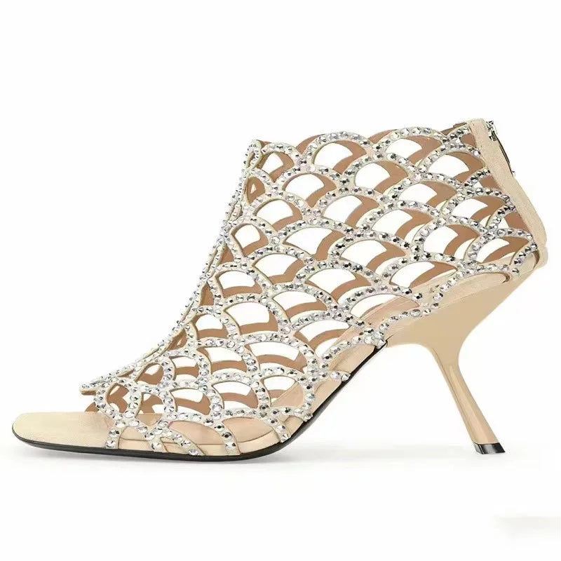 Sandálias feminina da NOENNAME_NULL, sapatos oco salto fino com brilhantes e design elegante