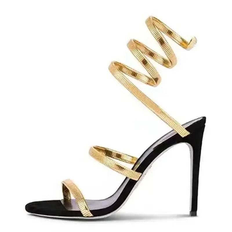 Sandálias femininas EILYKEN em preto com tiras douradas, sapatos sexy femininos para ocasiões especiais