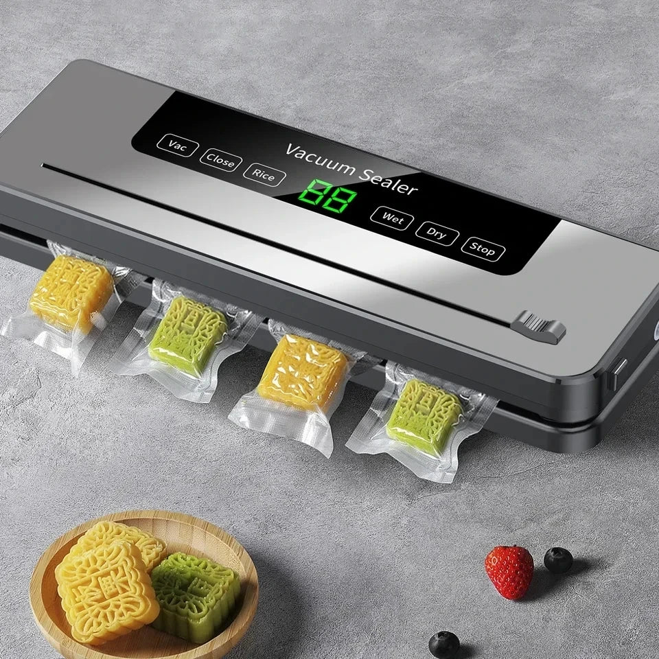 Seladora a vácuo CENRR para alimentos seco e molhado com display digital e embalagens de diferentes alimentos